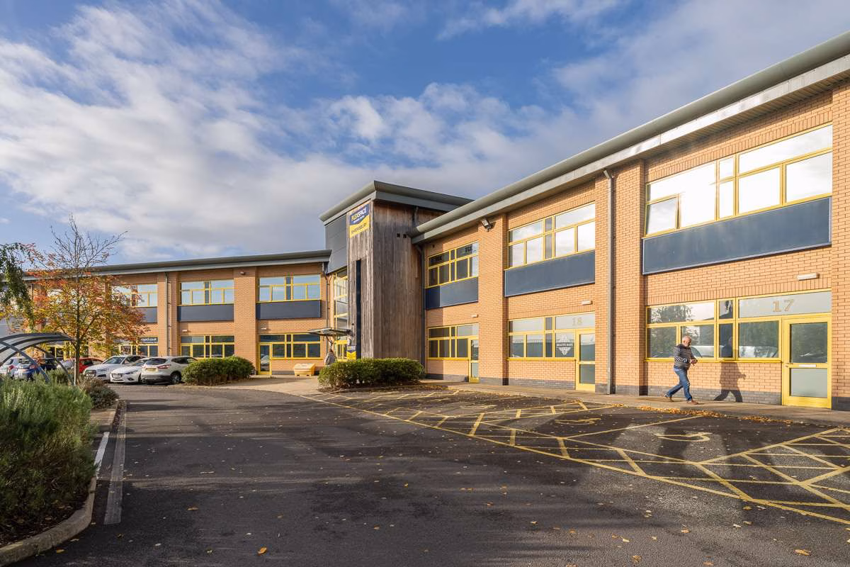 The central entrance doors at FlexSpace, the Rural Enterprise Centre, Shrewsbury, beneath the timber-clad entrance tower