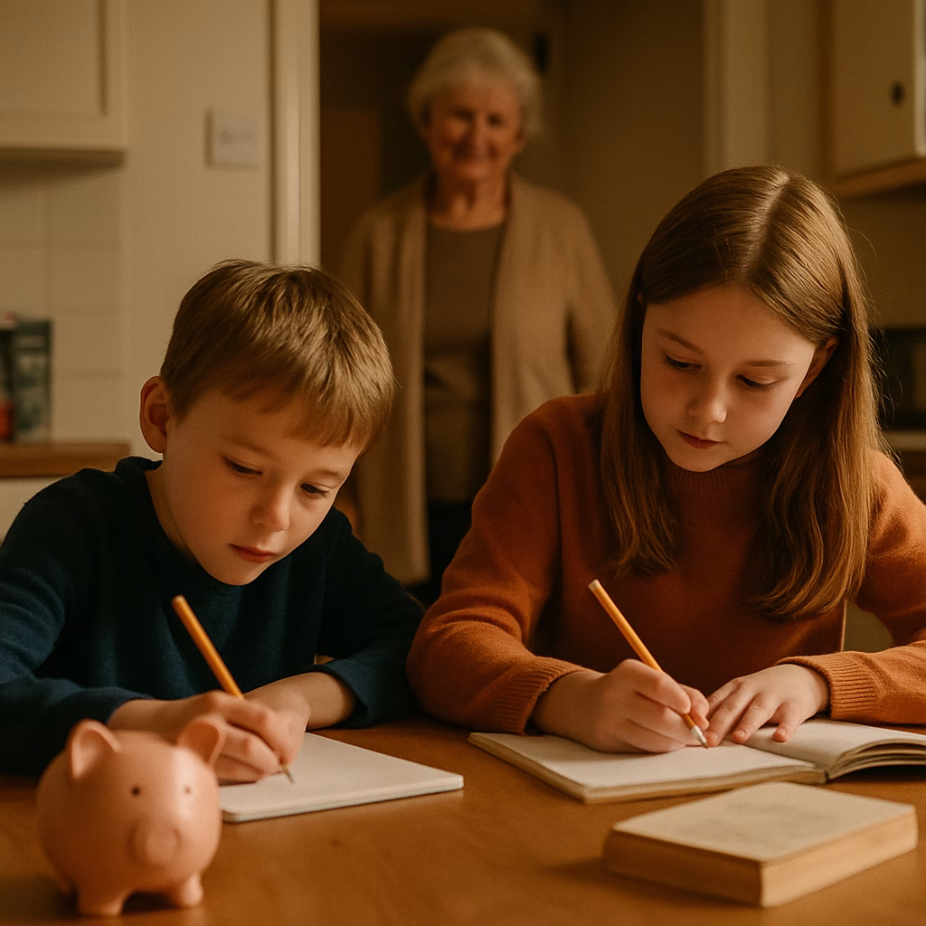 Two grandchildren doing homework at a kitchen table while a grandparent looks on