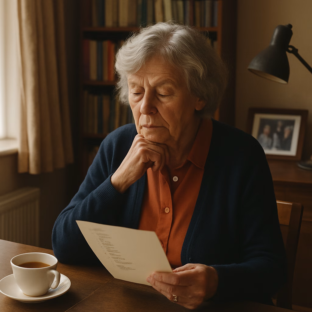 Older woman thoughtfully reviewing a list of family names at a study desk