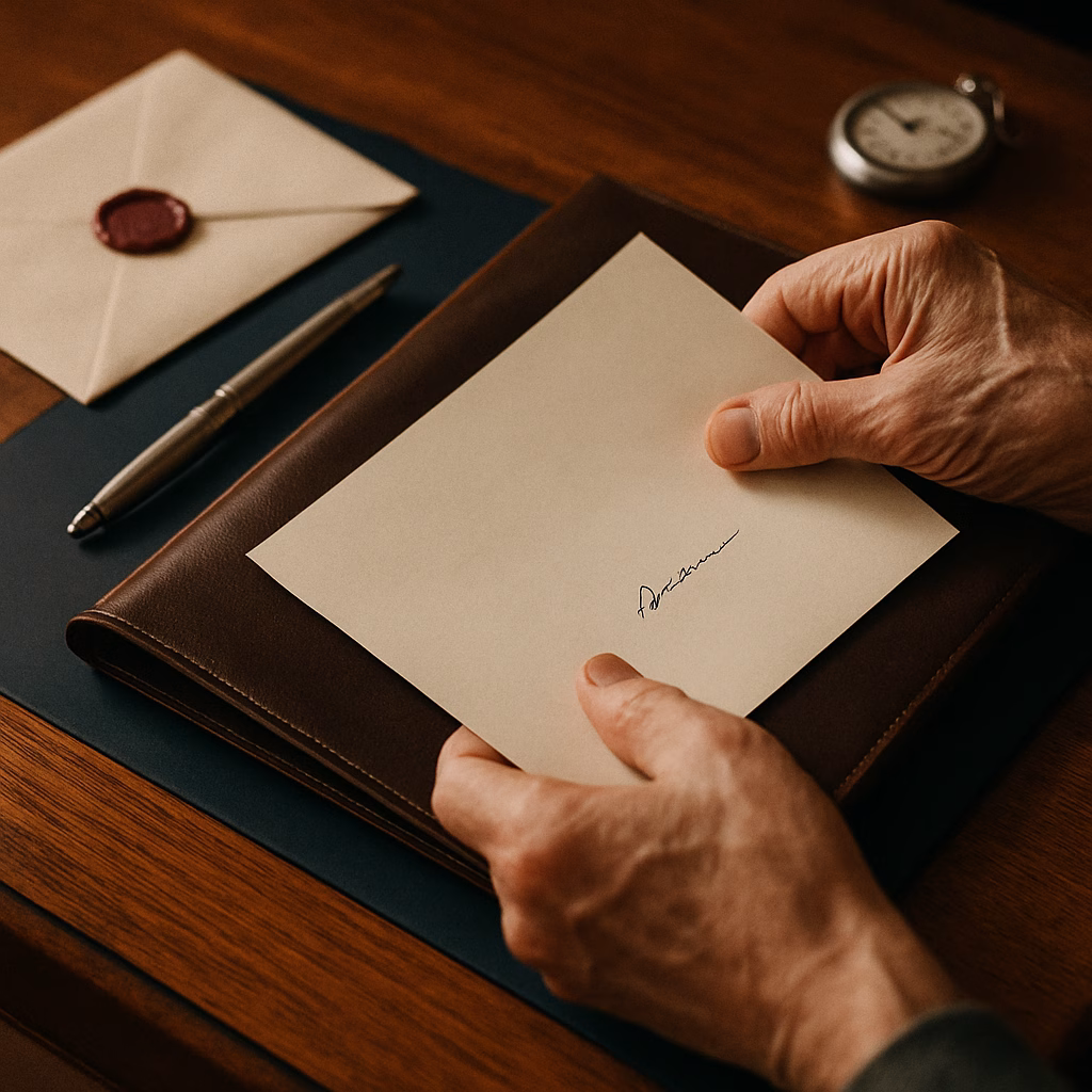 Older hands placing a signed document into a leather folder