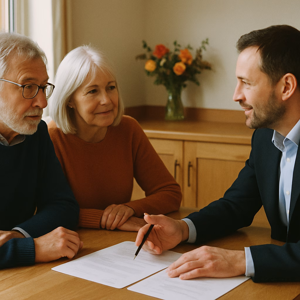 Older couple in conversation with an estate planning adviser at a kitchen table