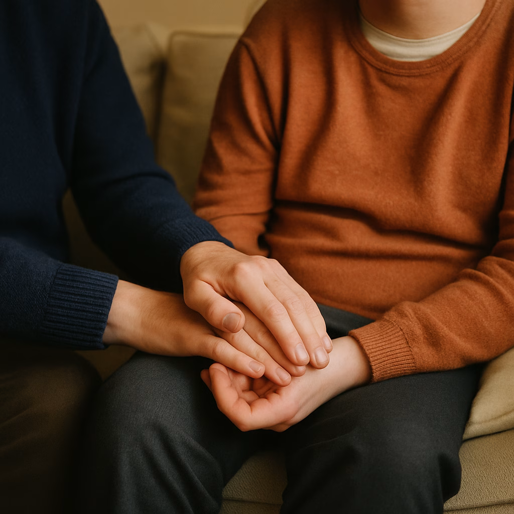 A carer's hand resting protectively on the hand of an adult family member