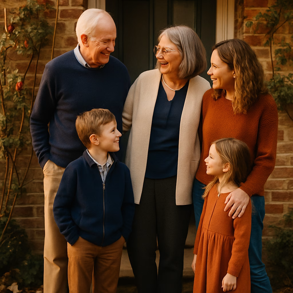 Three generations of a family on the doorstep of their home