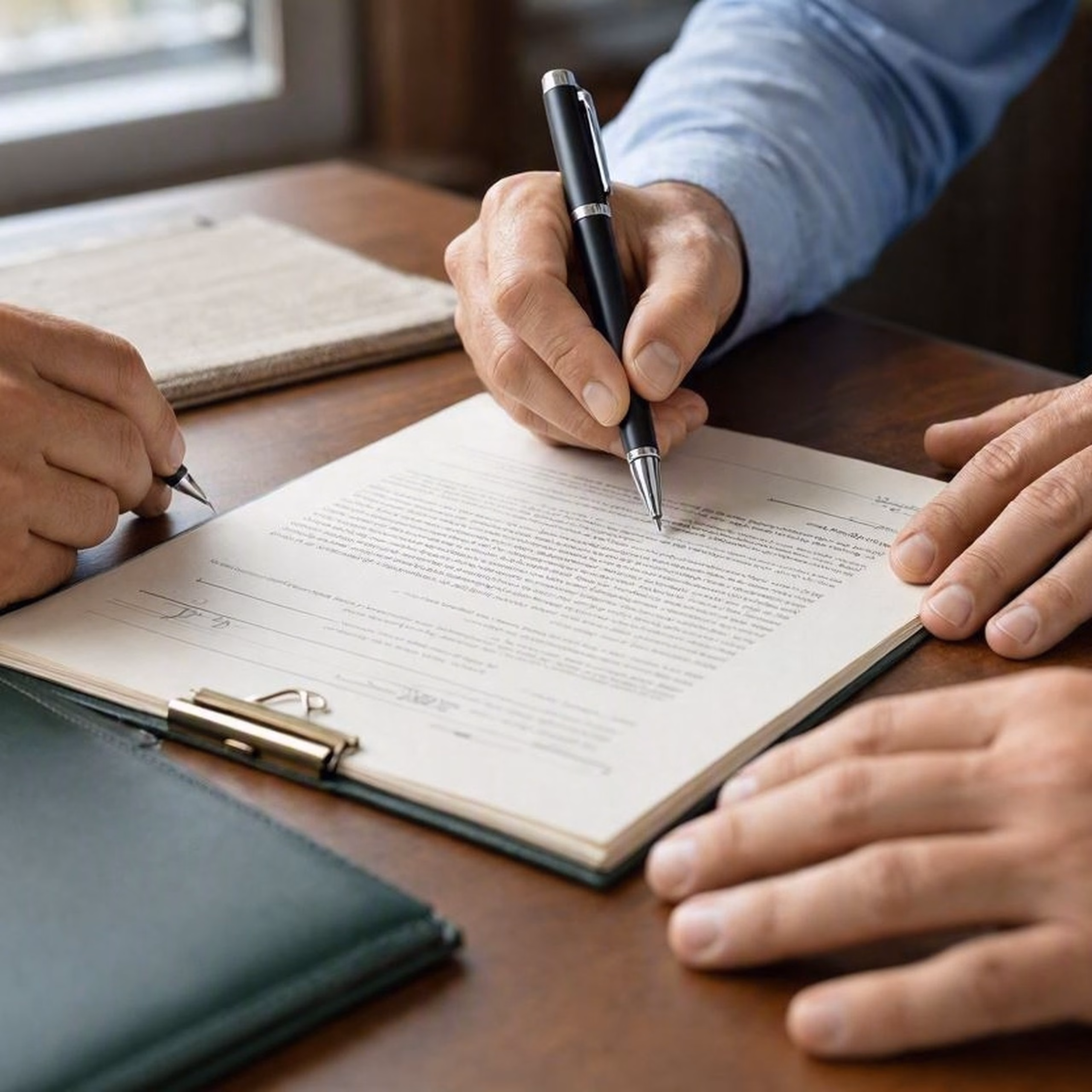 signing legal document close up hands desk